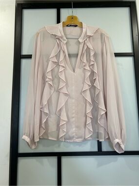 Zara Pale Pink Sheer Ruffle V-Neck Blouse